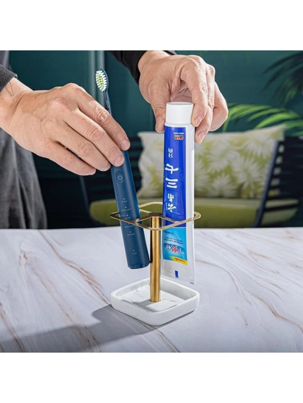 Stylish Gold Toothbrush Holder - Space-Saving Bathroom Organizer with Storage